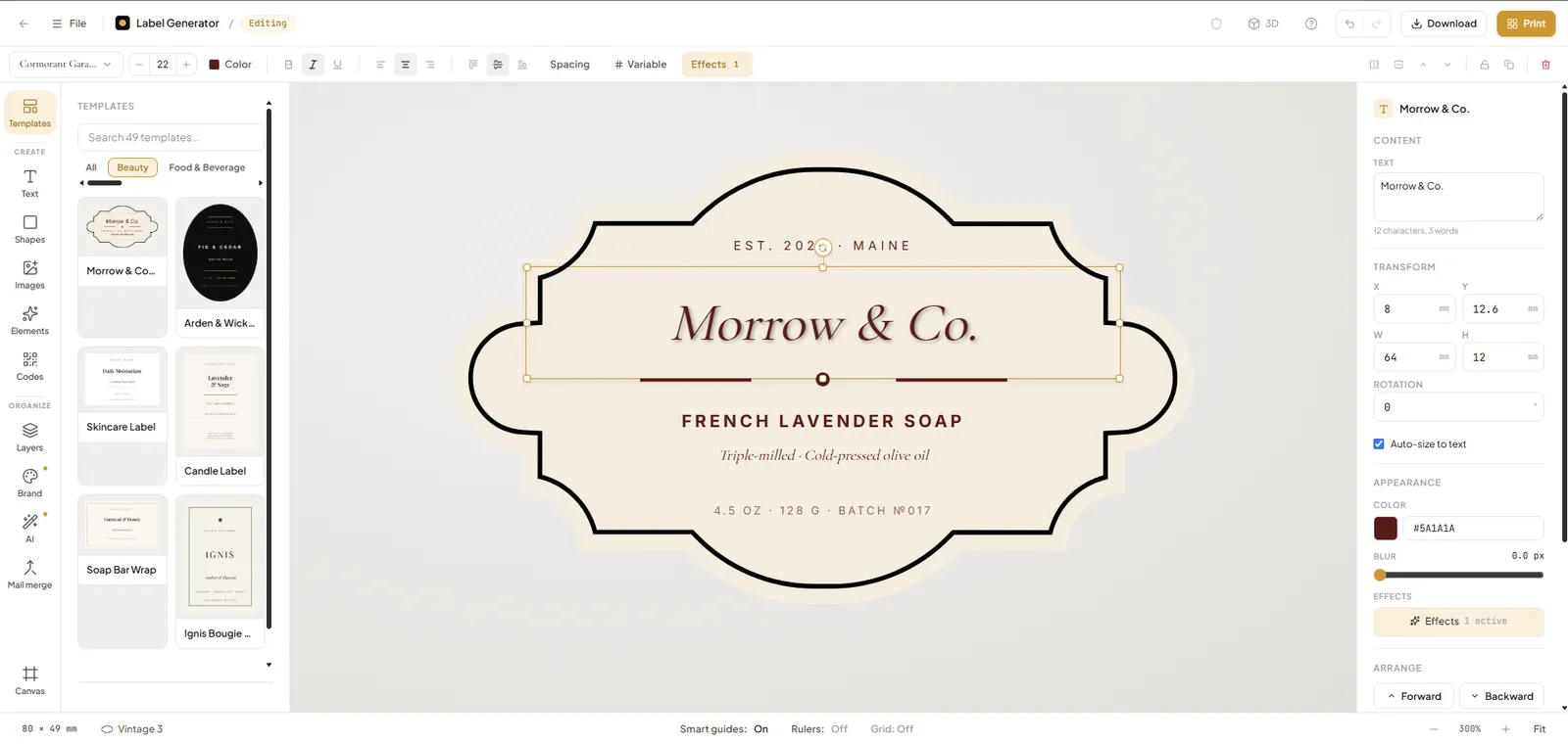 The label editor designing a French lavender soap label with the template panel open
