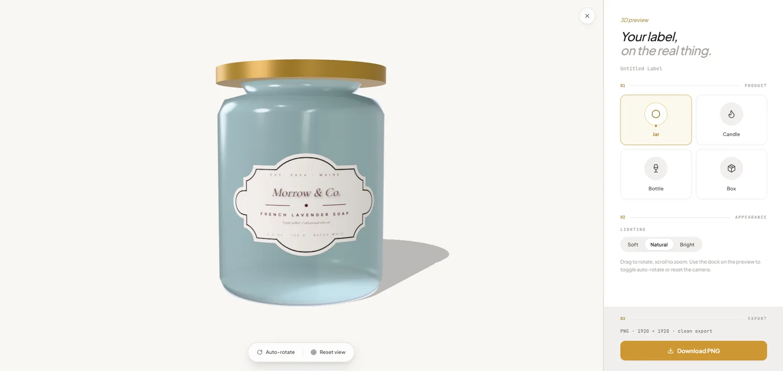 A 3D preview of the finished label wrapped around a soap jar
