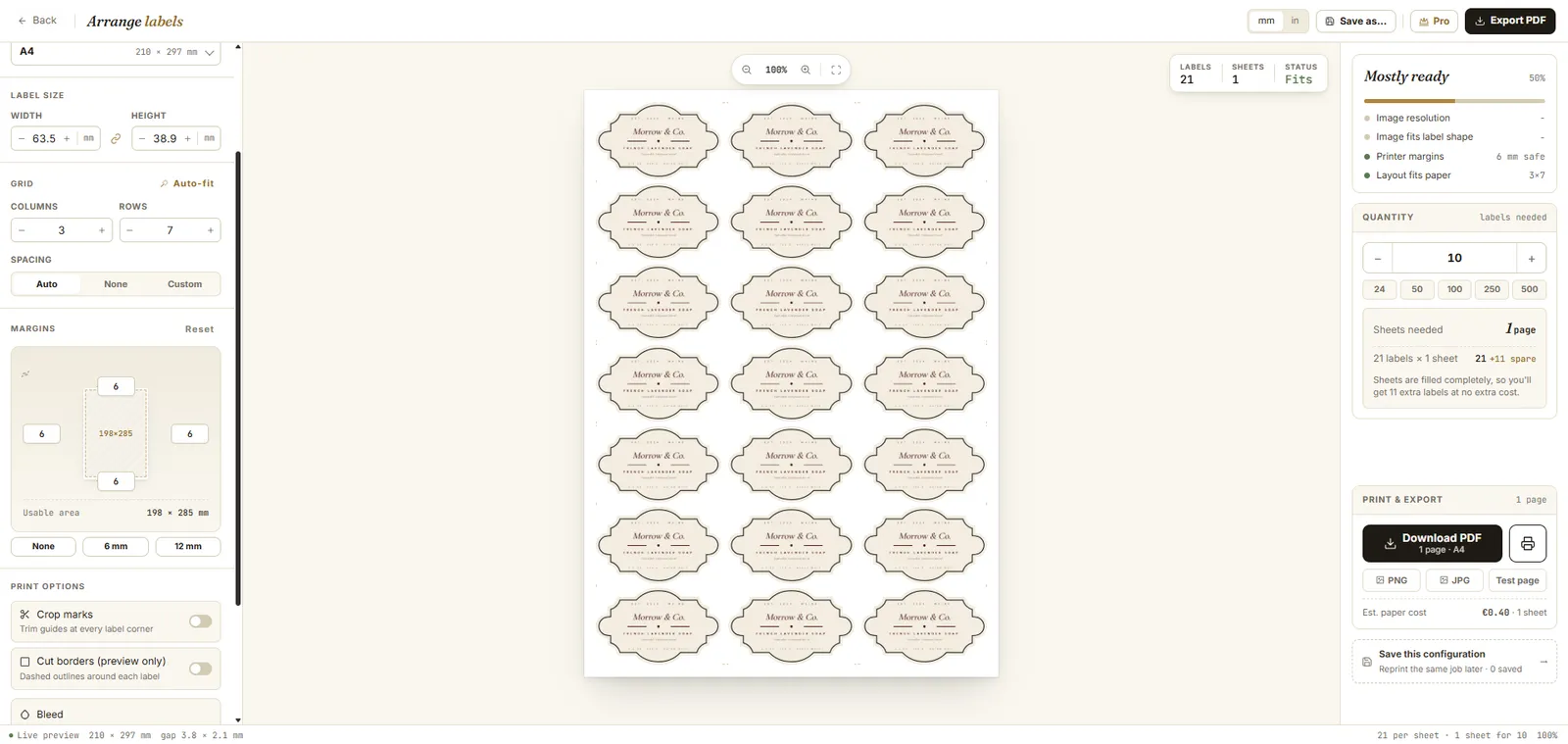 The arrange view with a sheet of tiled labels ready to export as a print-ready PDF